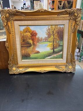 Framed Landscape Painting with Autumn Lake